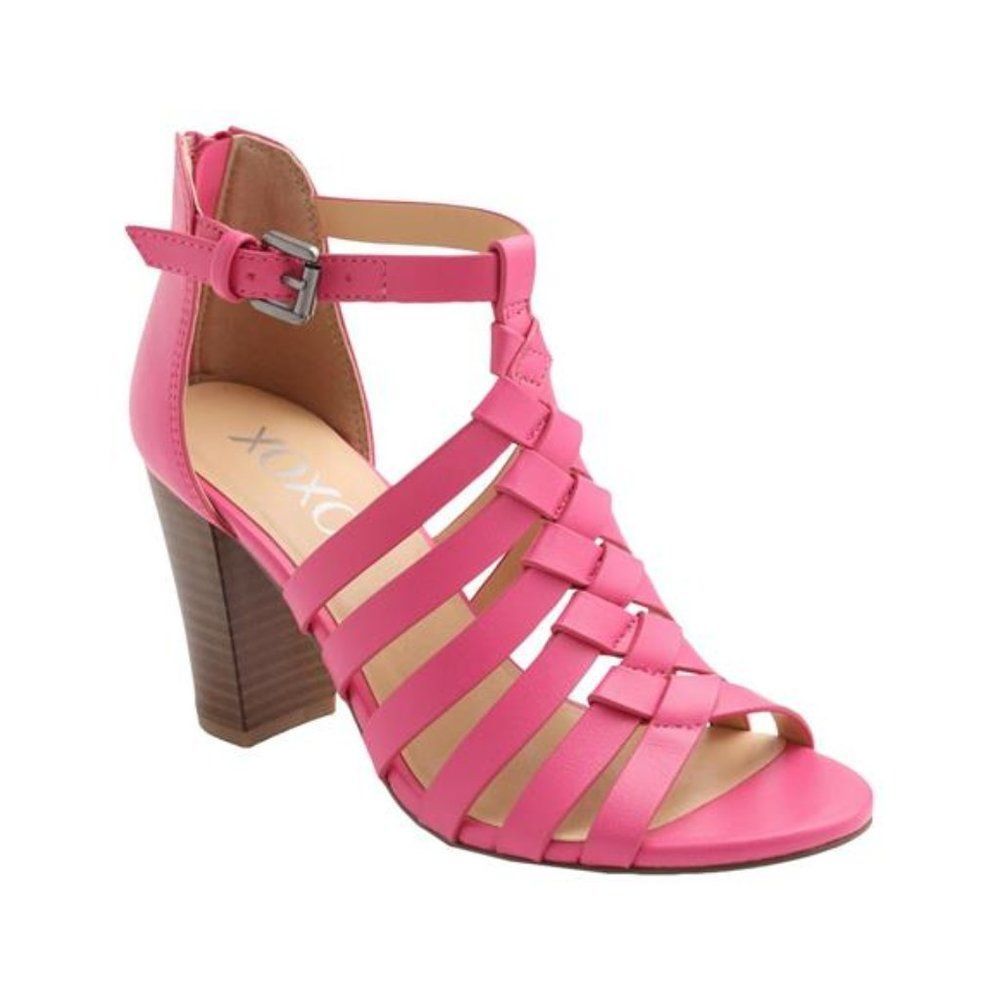 XOXO Womens Baxter Faux Leather Strappy Heels Pink 5M